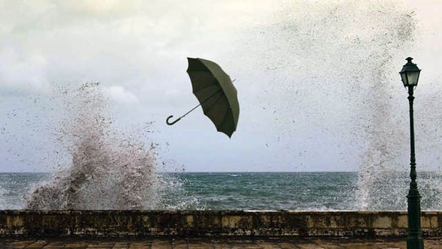 ομπρέλα που την παίρνει ο αέρας κοντά στη θάλασσα