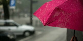 Ροζ ομπρέλα σε δρόμο με βροχή